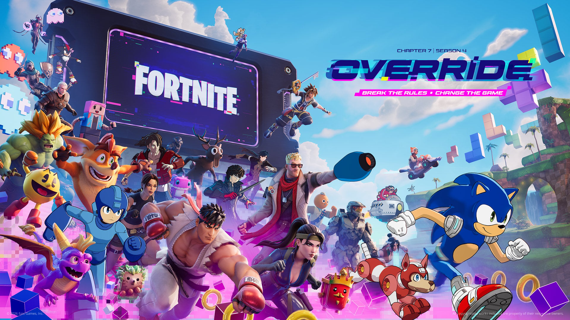 Fortnite Override: Epic Games confirma crossovers con Sonic, Sora, Crash, Mega Man y más para la nueva temporada